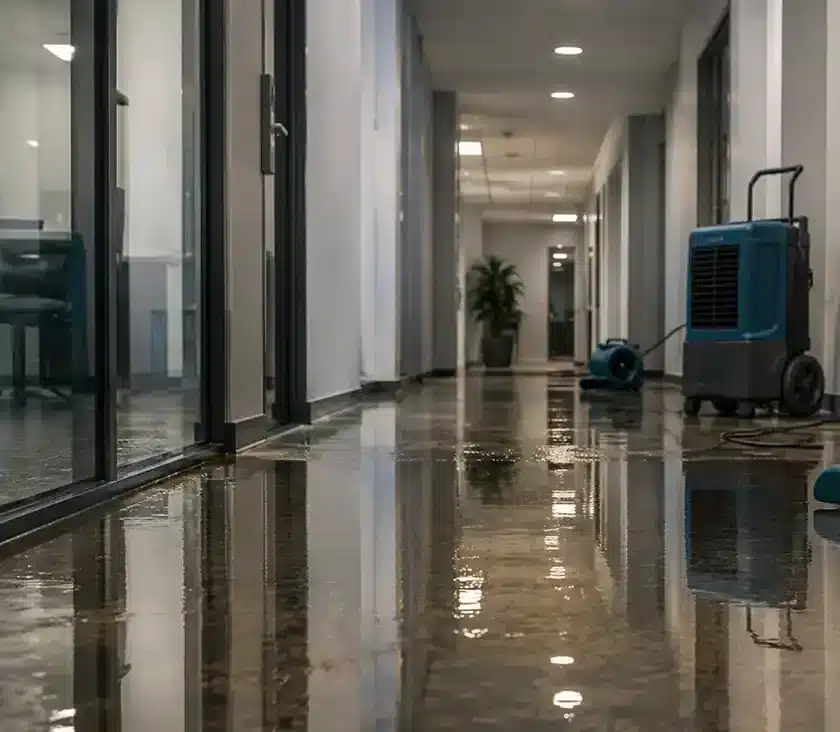 A flooded office hallway with a blue dehumidifier and fan on the right, reflecting the ceiling lights.